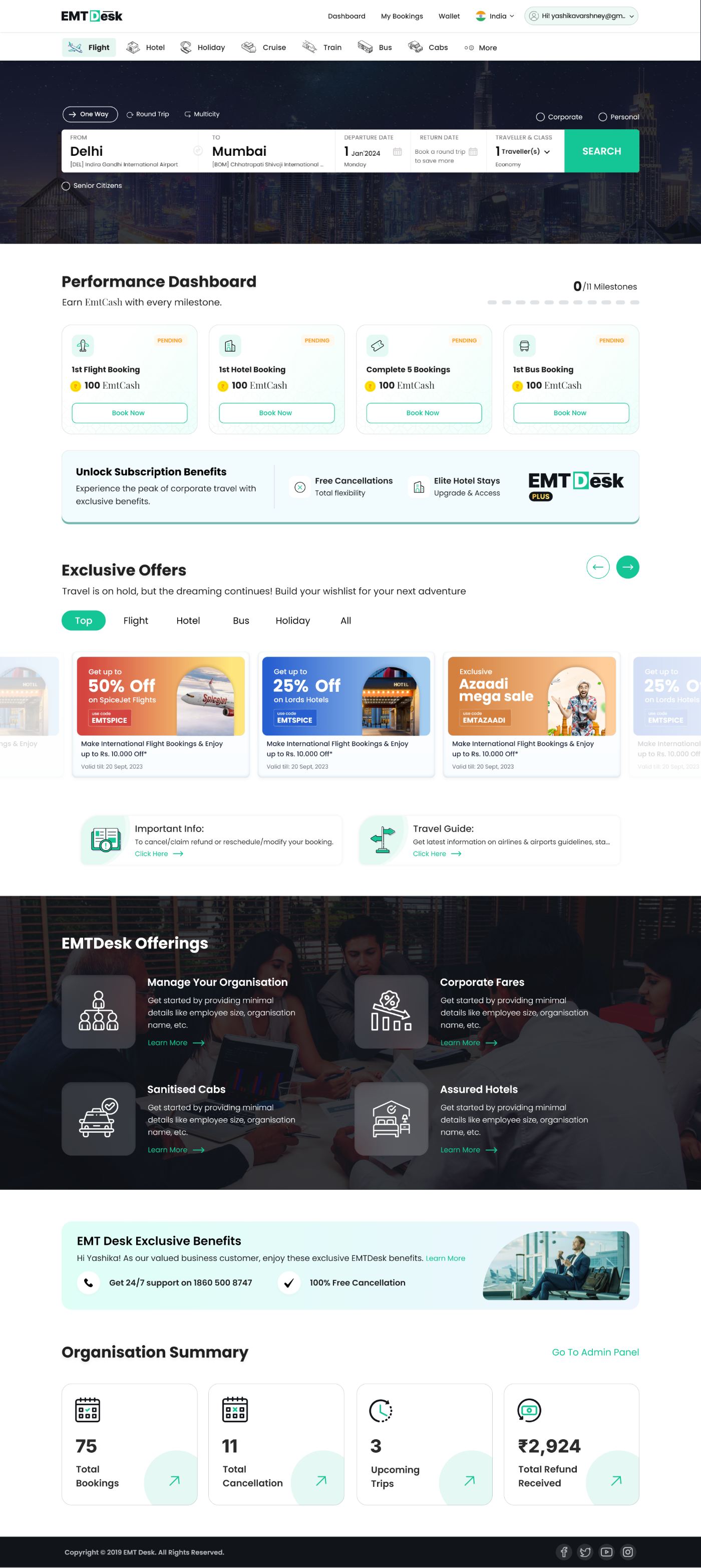 Employee booking home with performance dashboard
