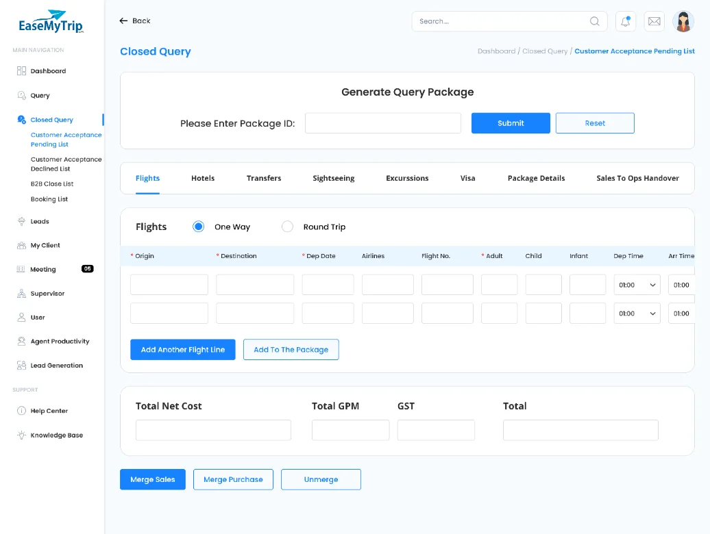 QMS holiday package builder with flights, hotels and cost totals