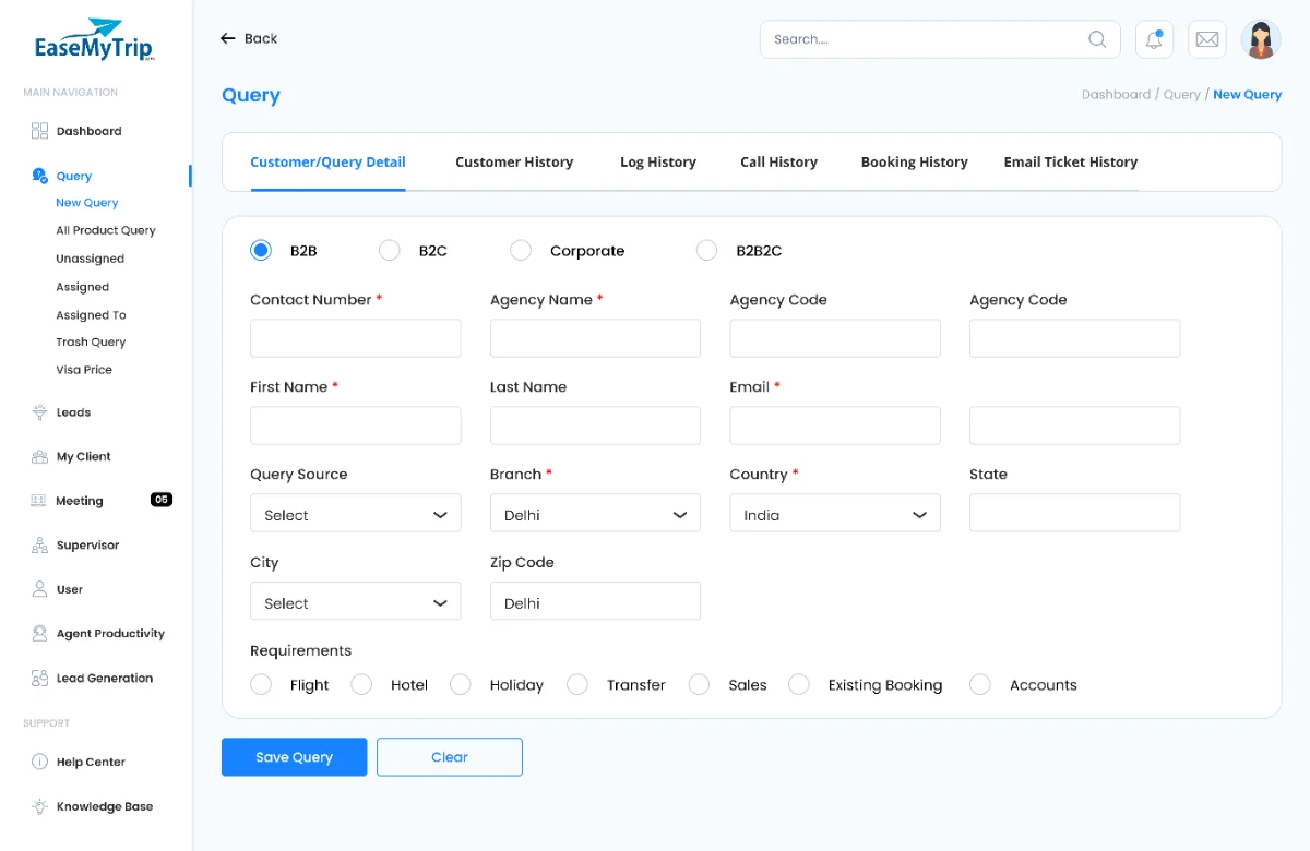 QMS query detail screen with customer and history tabs