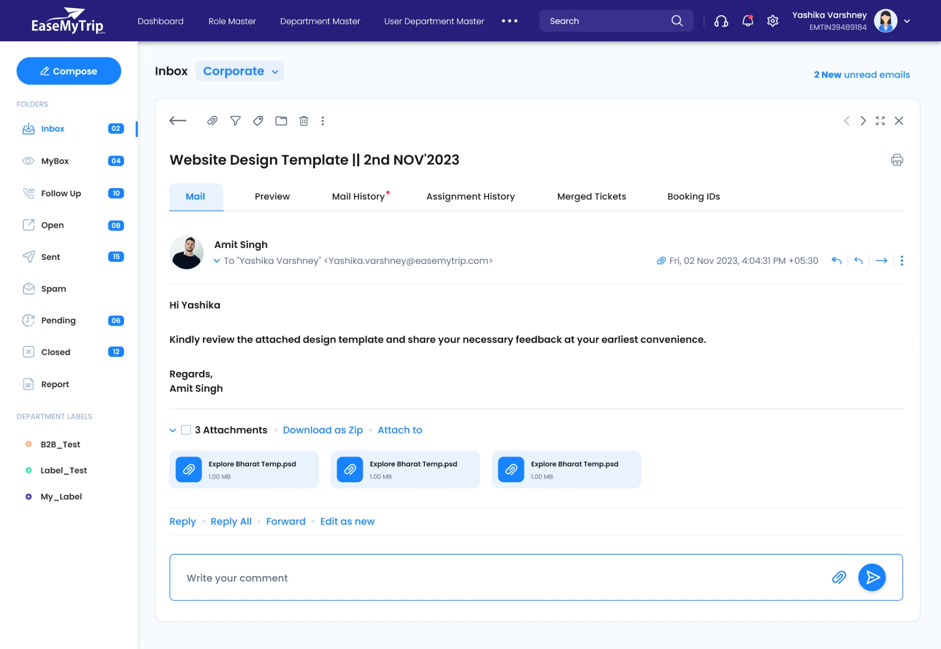 EasyMail focused reading mode with attachments, reply actions and internal comment
