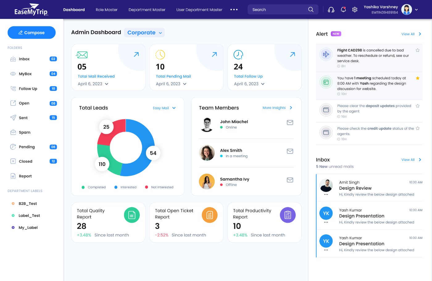 EasyMail dashboard with alert and inbox rail