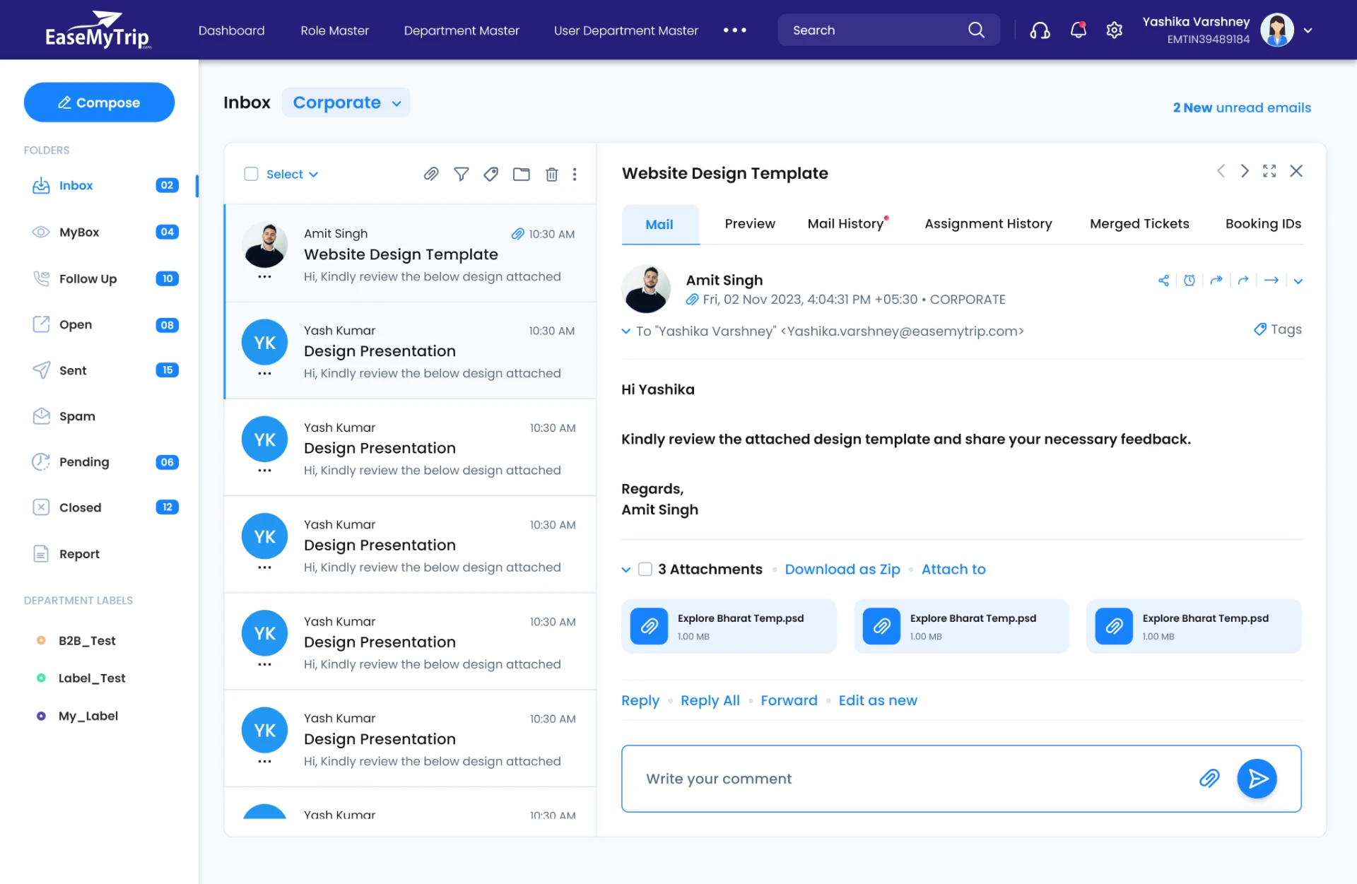 EasyMail master–detail inbox split view